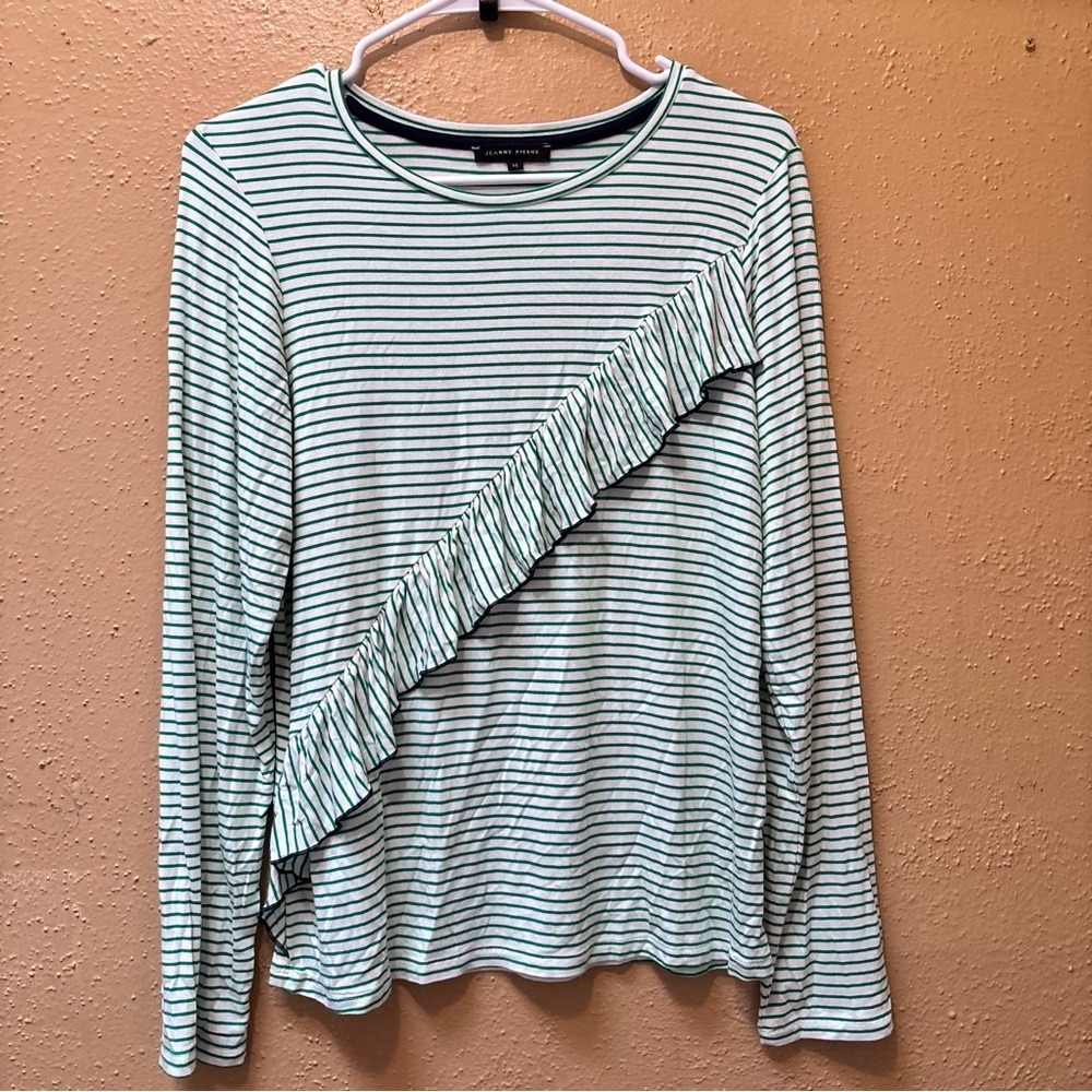 Jeanne Pierre Green White Striped Ruffle Front Long Sleeve Top Medium